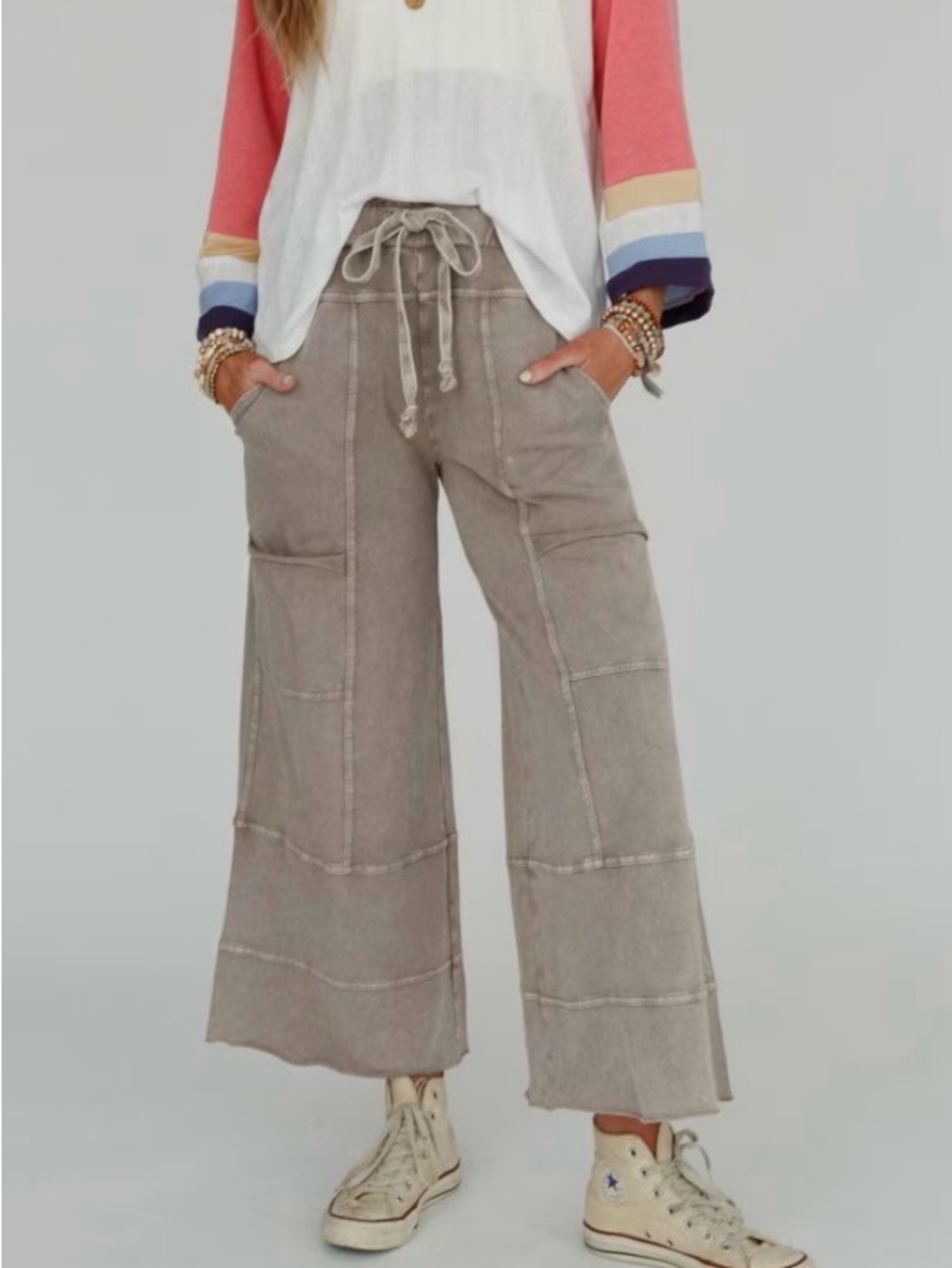 Three Bird Nest Taupe Wide Leg Patchwork Pants